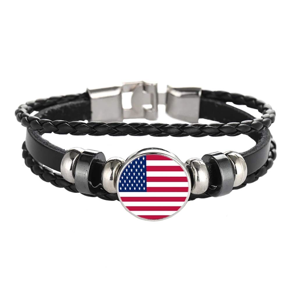 USA America Flag Braided Bracelet Leather Chain Crystal Wristband Souvenir,Fashion Handmade Bracelet for Man & Woman Special Day's Gift