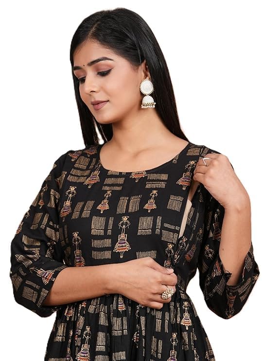 Women's Anarkali Maternity Kurta |Easy Breast Feeding | Breastfeeding Kurti Western Dress with Zippers for Nursing Pre and Post Pregnancy | Pregnant Lady Dress