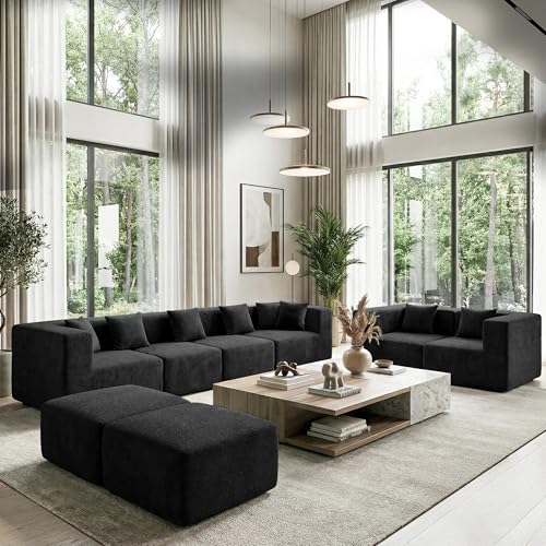 Image of MONVANE Modular Sectional Sofa, Oversized 8 Seat Convertible U Shaped Couch with Ottoman, Comfy Teddy Velvet Cloud Couch with Deep Seat, Sectional Couches for Living Room, No Assembly Required, Black