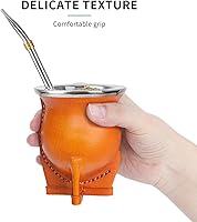 Vista 4 de Taza de Yerba Mate argentina con forro de cerámica, pajita, tetera de calabaza, una bombilla mate, un cepillo de limpieza (marrón)
