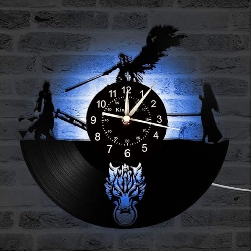 Smotly Horloge murale en vinyle, Final Fantasy Registre Thème, art créatif fait à la main, couleur nuit lumière 7 couleurs pour la décoration de la maison, cadeau d'horloge