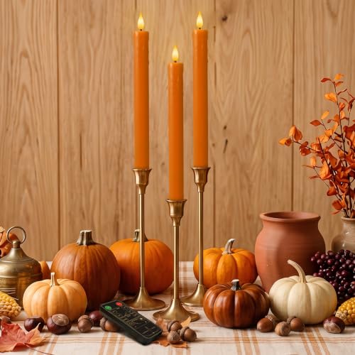Image of Homemory 3 Pcs Real Wax Flameless Taper Candles, 9.6 inch Dripping Orange LED Candlesticks with Flickering Flame, Battery Operated with Remote and Timer for Autumn Home Window and Table Decor