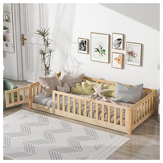 Twin Size Floor Bed Frame for Kids Wood Montessori Floor Beds with Fence Railings & Support Slats, Twin Playhouse Bed for Boys Girls, No Box Spring Needed, Natural