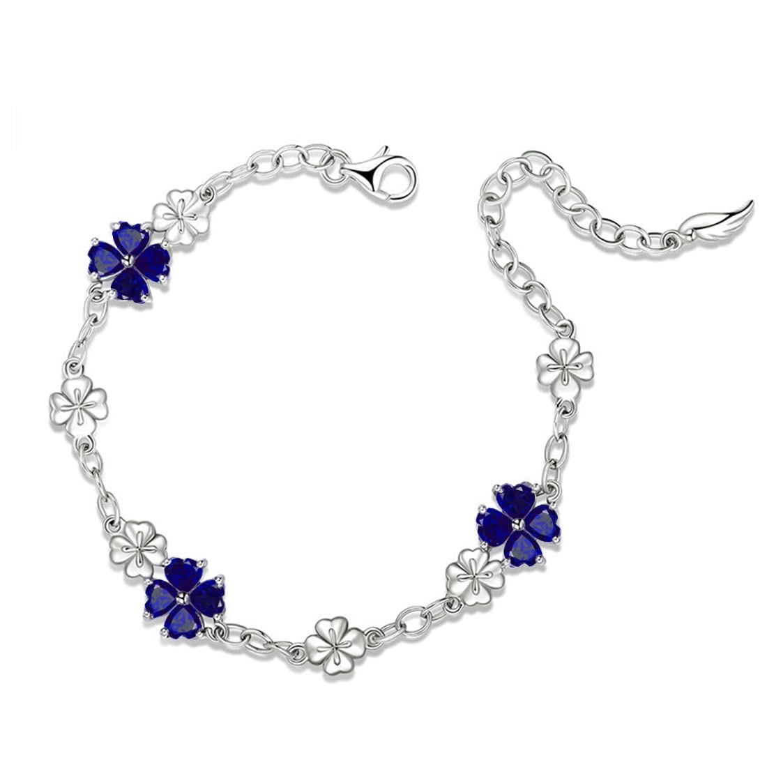 925 Sterling Silver Birthstone Chain Link Bracelet for Women Lucky Four leaf clover Blue Sapphire Fine Jewelry 16+4cm