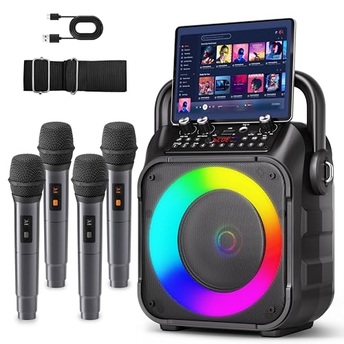 Karaoke Machine, Portable Bluetooth Speaker with 4 Wireless Microphones for
