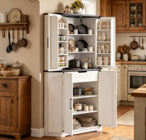 Image of Dripex Tall Kitchen Pantry Cabinet with LED Light, 71 inch Corner Pantry White