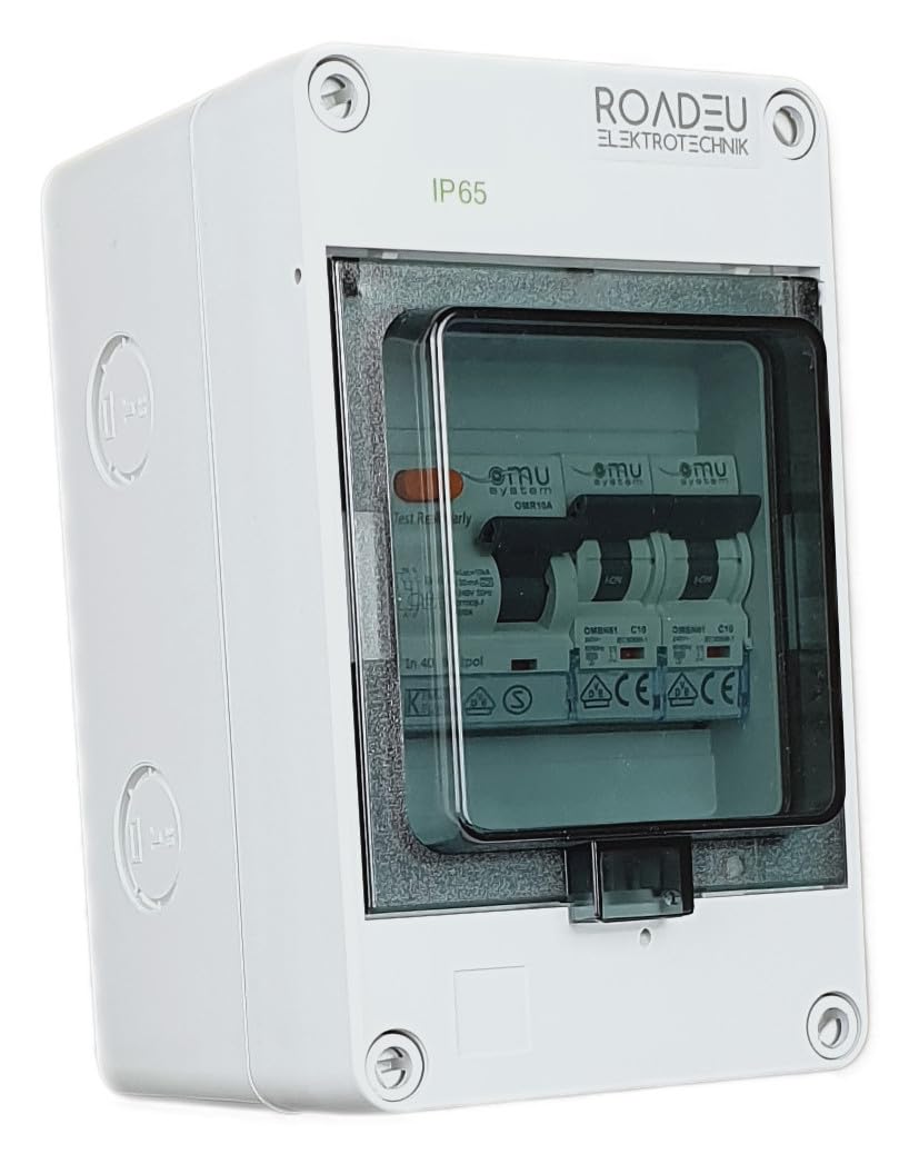 RoadEu - Quadro Elettrico Di Distribuzione - Interruttore automatico C10A e C16A, magnetotermico differenziale 40A 30mA 2P tipo A/AC, IP65 perfetto per il garage, il capanno o il giardino