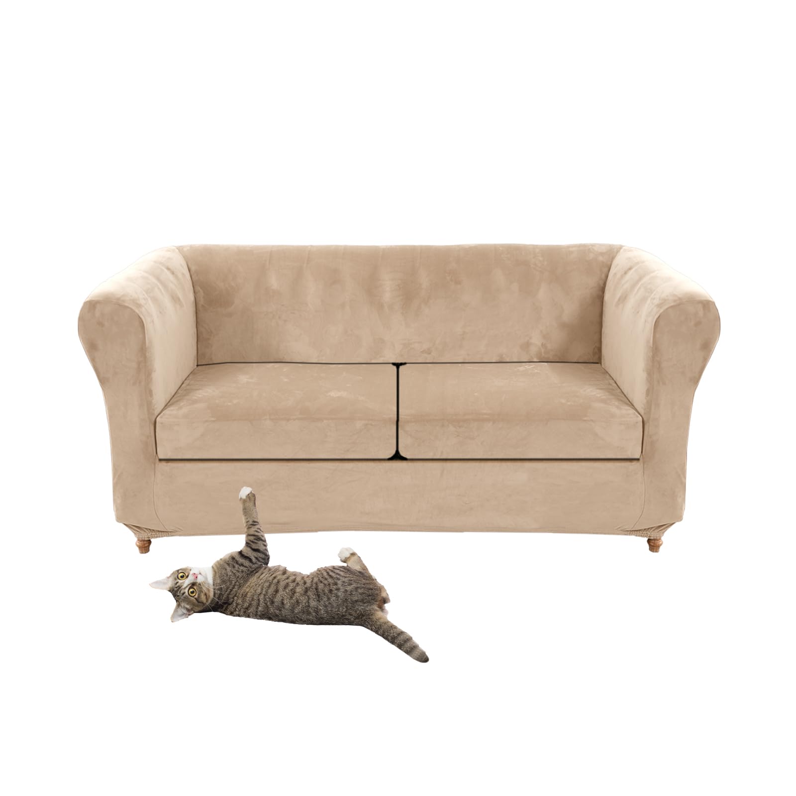 Stretch Velvet Chesterfield Sofa Cover Couch Cover with Seat Cushion Covers for Curved Chaise Armchairs Vintage Style (Khaki Love + 2 Small Seats)