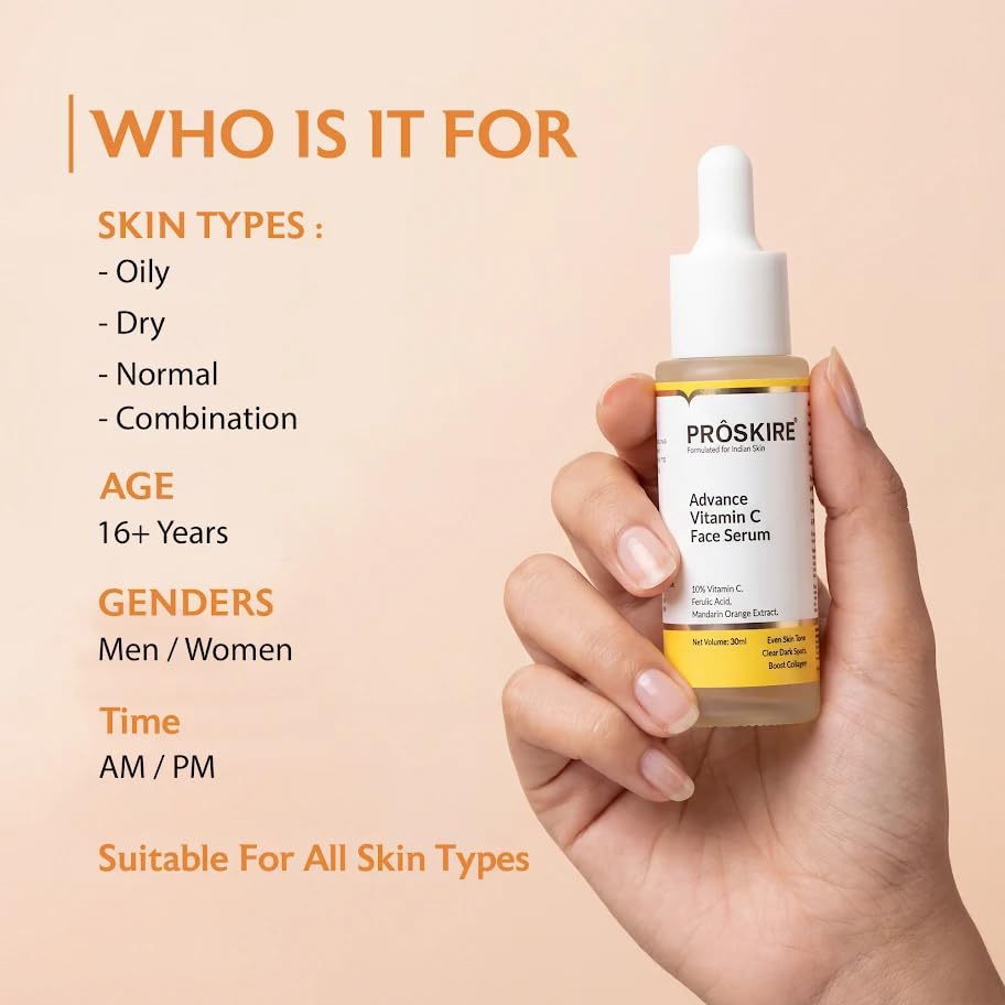 Proskire Advance 10% Vitamin C Face Serum with Ferulic & Mandarin Extract| Brightening, Dark Spot & Anti-Pigmentation Serum for All Skin Types – 30ml
