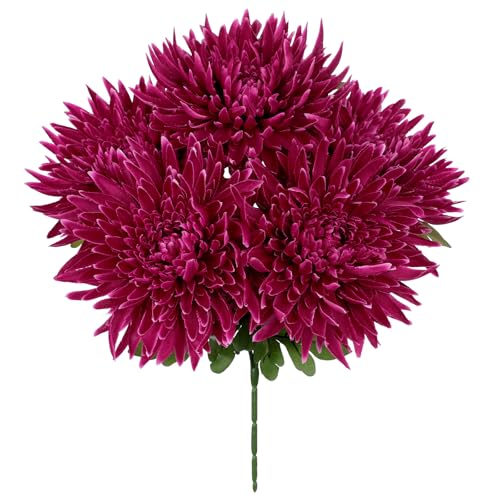 Hollyone Purple Artificial Mums for Outdoors Fall Fake Mums Bush 5 Heads Silk Chrysanthemum Flowers Bouquets Autumn Faux Spider Mum Flower Large Floral Arrangements Fall Decorations for Home