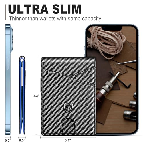 DRAVAN Slim Mens Wallet Front Pocket Wallet for Men with id Window Minimalist Rfid Blocking Credit Card Holder Carbon Fiber Money Clip with Gift Box…… (Carbon Blue)4