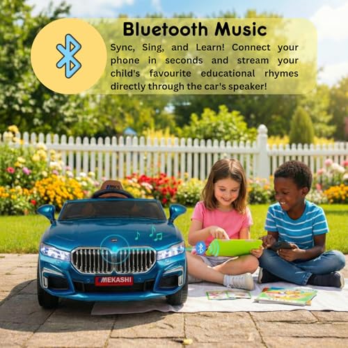 Image of MEKASHI Electric Ride-On Car for Kids 1-7 Years, 12V Battery, Remote Control, 5 Speed, LED Lights, Bluetooth, Metallic Blue