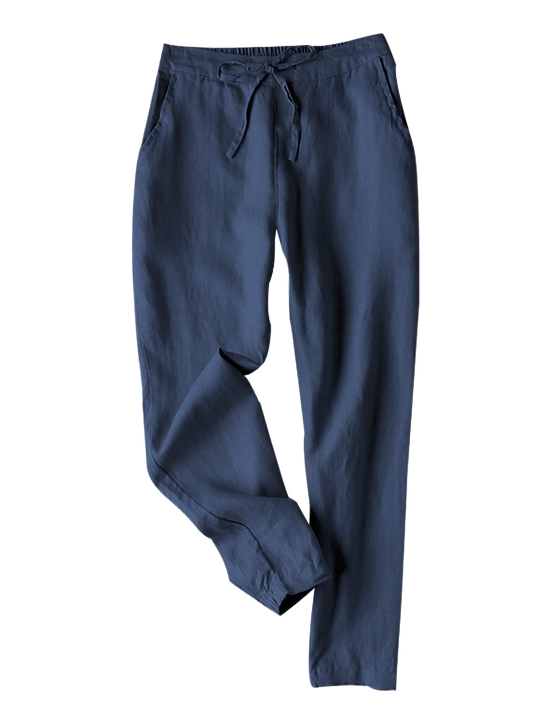 Photo 1 of Tanming Linen Pants for Women Summer Casual High Waisted Drawstring White Beach Pant (Navy, L)