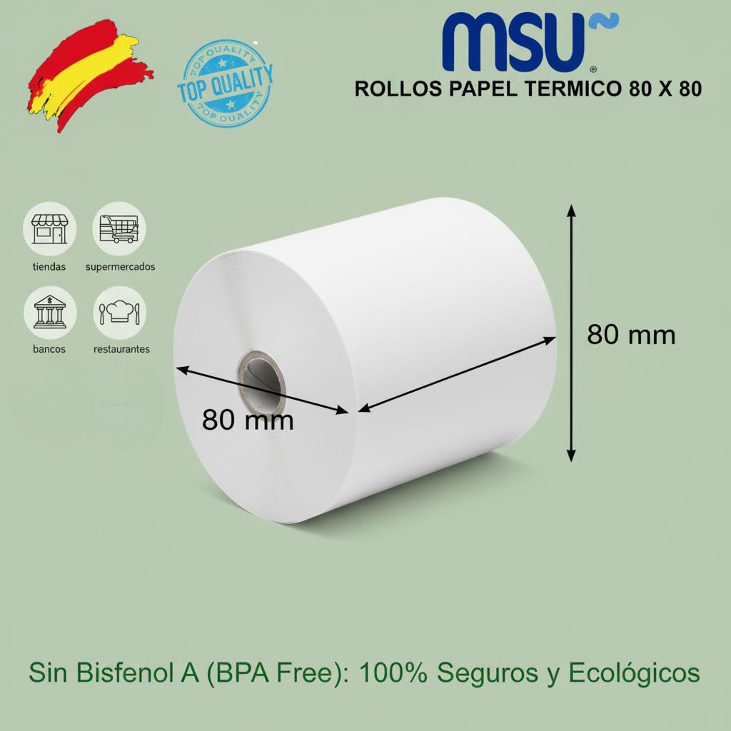MSU | Rollo de papel térmico 80x80 mm, paquete 80 unidades | Libre de BPA, impresión duradera y limpia | Para TPV y cajas registradoras