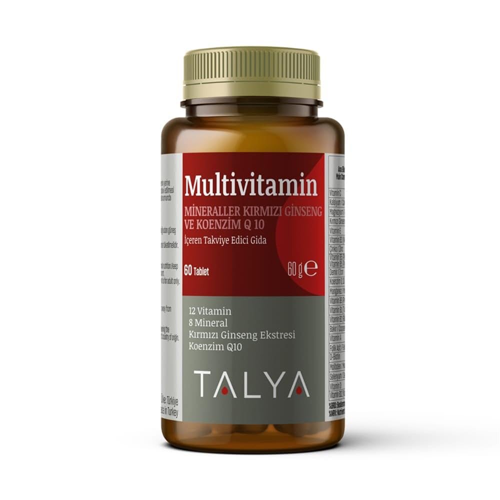 Talya MULTİVİTAMİN - KIRMIZI GİNSENG VE KOENZİM Q 10 İçeren Takviye Edici Gıda - 12 Vitamin ve 8 Mineral ile Zengin Destek Takviyesi - Enerji, Canlılık - 60 Tablet