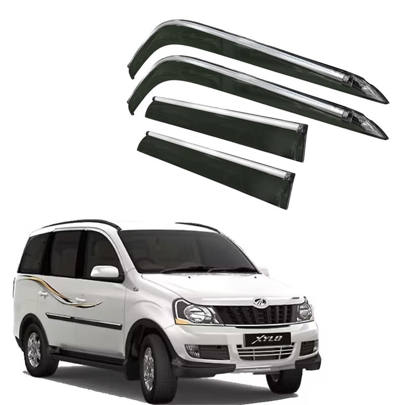 Image of CAR SAAZ Side Door Visors for Xylo (2009-2019) (Set of 4Pcs) | Chrome Lined Rain Guards, Polycarbonate, Smoke Finish
