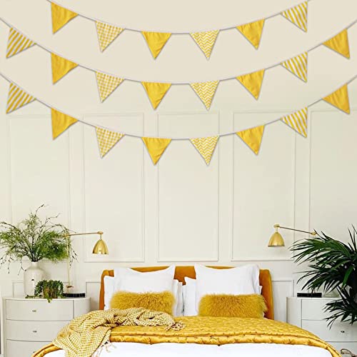 Image of Zwiebeco 32Ft Yellow White Plaid Stripe Wavy Fabric Bunting Banner Triangle Flags Cotton Garland Pennant for Birthday Wedding Baby Shower Tea Party Classroom Nursery Home Outdoor Garden Decorations