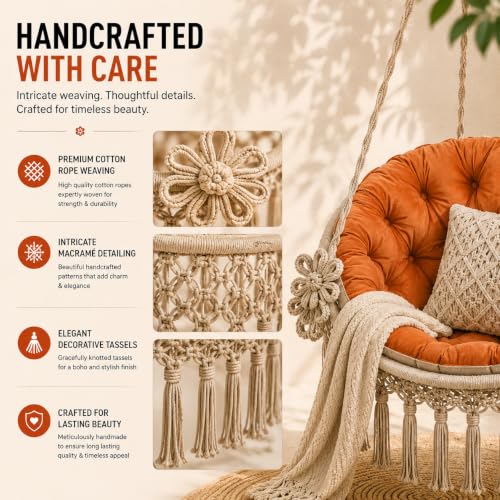Image of Premium King Size Hammock Chair Swing with Cushion, 200kg Capacity | Indoor Outdoor Heavy Duty Adults & Kids Hanging Jhula for Home, Garden, Patio & Balcony | 1 Year Warranty (Beige)