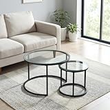 Round Nesting Coffee Table Set of 2, Modern Glass Nesting Tables, Stacking Minimalist End Table for Living Room Bedroom Small Space, Clear Tempered Glass and Black