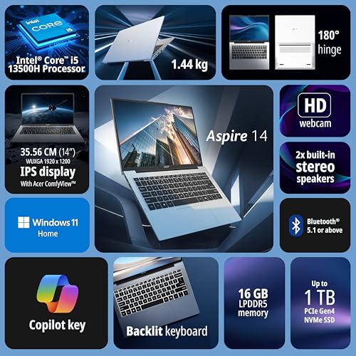 Image of acer Aspire 14, Intel Core i5-13500H Processors, 16 GB, 512 GB, WUXGA IPS, 14 inch /35.56 cm, Windows 11 Home, MS Office, Pure Silver, 1.44 kg, AS14H-53, Thin and Light Laptop