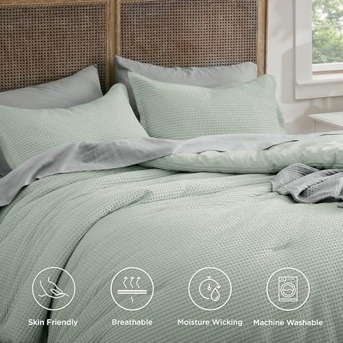 Image of Bedsure Waffle Comforter Set King, Sage Green Soft Bedding, Waffle Weave Bed Set, 3 Pieces, 1 Comforter (104 inchx90 inch) and 2 Pillow Shams, Cotton Shell and Polyester Lining for All Seasons
