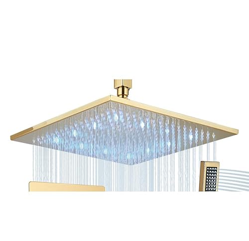 Polished Gold Shower System 12 Inch LED Square Rainfall Shower