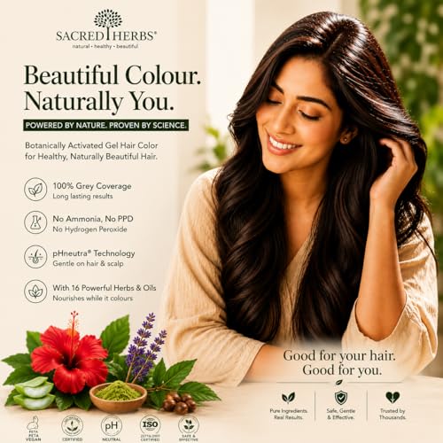 Image of SACRED HERBS Natural Gel Hair Color, Premium Pack | India's 1st pH Neutral Formula | Ammonia, PPD & Paraben Free | 20+ Herbal Actives, 100% Grey Coverage | Conditioning & Damage Free, For Women ( Natural Black 1.00 ) 240ml + 20gm