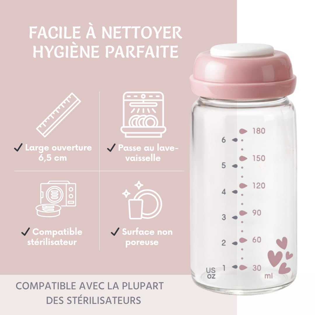 Bottiglie di latte materno in vetro borosilicato 180 ml – Conservazione latte materno nel congelatore – Contenitore riutilizzabile per bambini con coperchio in silicone