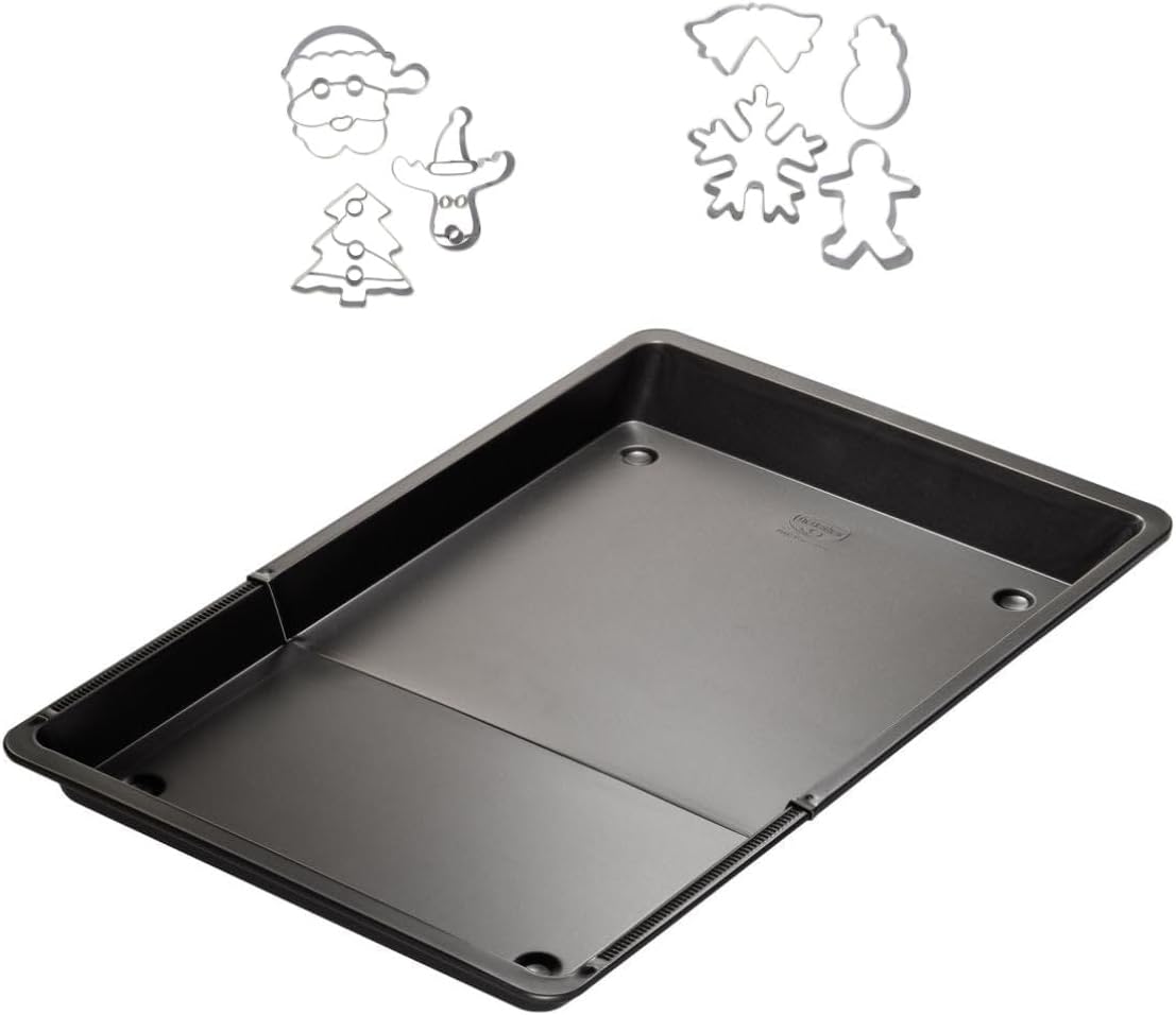 Zenker 9931450 Extendable Baking Tray and 7 Christmas Cutters, Adjustable Baking Tray and Stainless Steel Cookie Cutters, Baking Tray, Steel, 36.5 to 52 x 33 x 3 cm