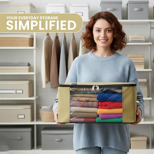 Image of Storite 2 Pack Nylon Wardrobe Bag Underbed Moisture Proof Cloth Storage Organizer, Storage box for Clothes Saree Bags with Zippered Closure & Handle (Khaki,38x34.5x22 cm)