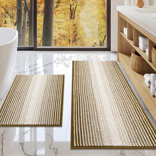 BSICPRO Bathroom Rugs and Mats Sets, 2 Piece Thick Absorbent Chenille Non Slip, Soft Shaggy Bath Room Floor Mats for Bathroom, Machine Washable (Petrified Oak, 20" x 47" Plus 16" x 24")