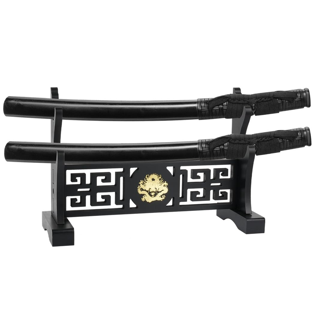 byepica Classical Chinese Loong Double-Layer Wooden Sword Stand, Holder for Katana, Wakizashi, and Zoro Sword