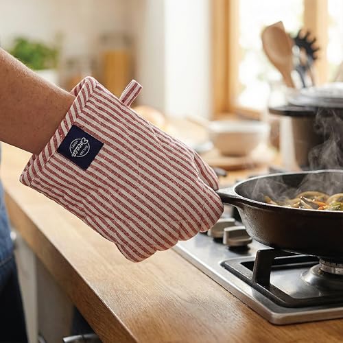 Image of Encasa XO Heat Resistant 100% Cotton Oven Glove & Potholder Set with Loop, Kitchen Cooking Mittens, Microwave Safe Hot Pads (Ticking Red)
