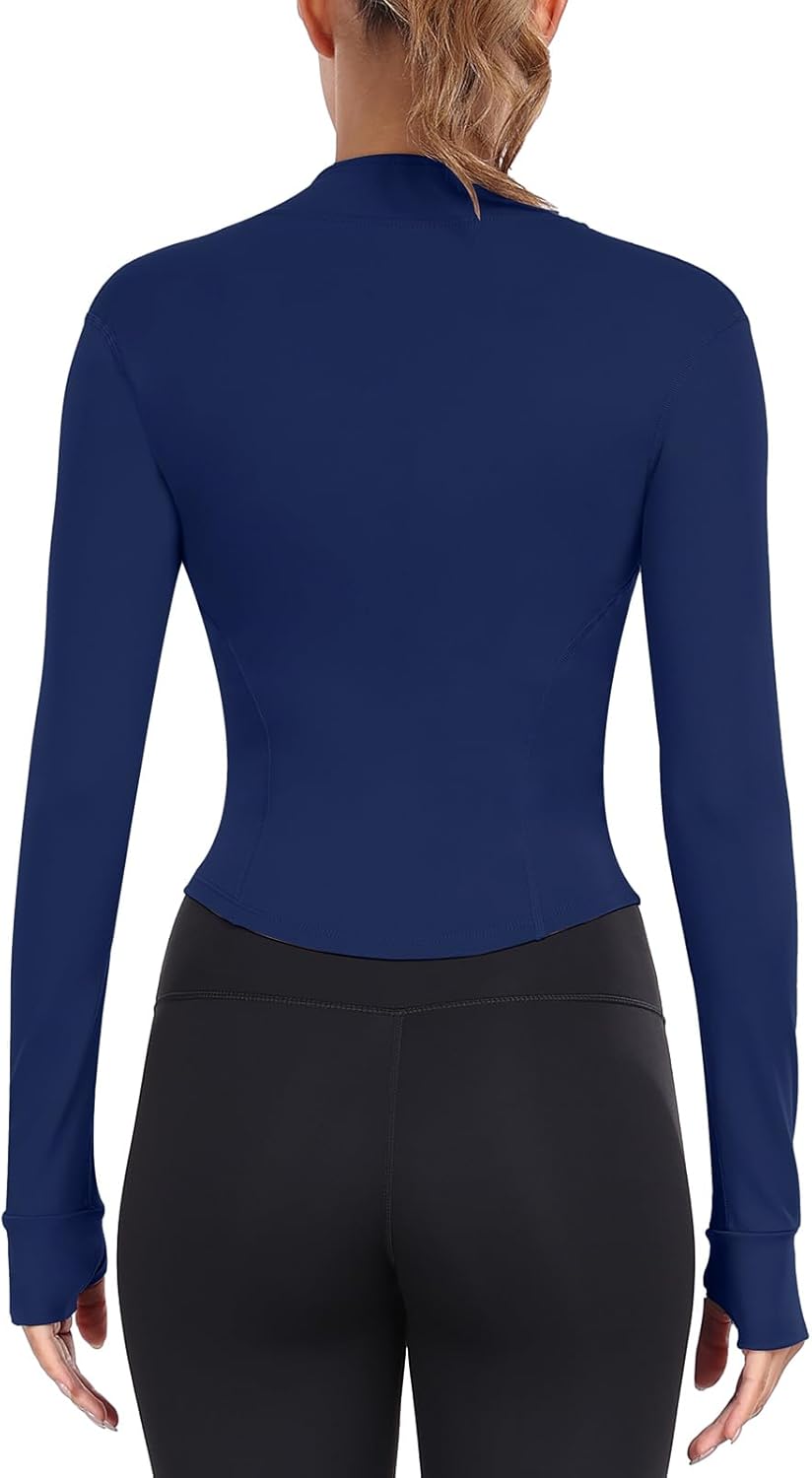 Women's Full Zip Lightweight Running Yoga Slim Fit Cropped Bbl Jacket Workout Sportwear With Thumb Holes - Image 4