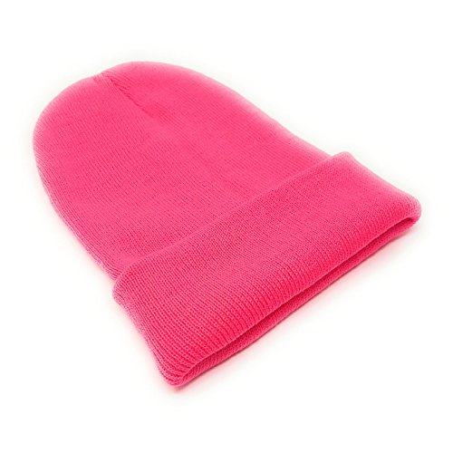 Beanie Hat Mens Ladies Womens Unisex Slouch Winter Woolly Turn Up Knitted (Neon Pink)