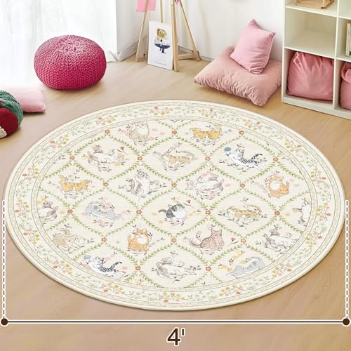 Tapete redondo beige de 4' lavable a máquina miniatura 2
