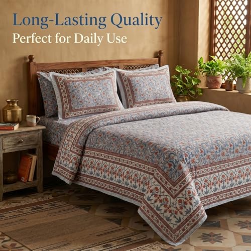 Image of Mafatlal 144 TC Heritage Queen Size (90x108 inches) Floral Printed Double Bedsheet with Pillow Covers | Soft 100% Pure Cotton Bedsheet Set | Tribal Multicolor