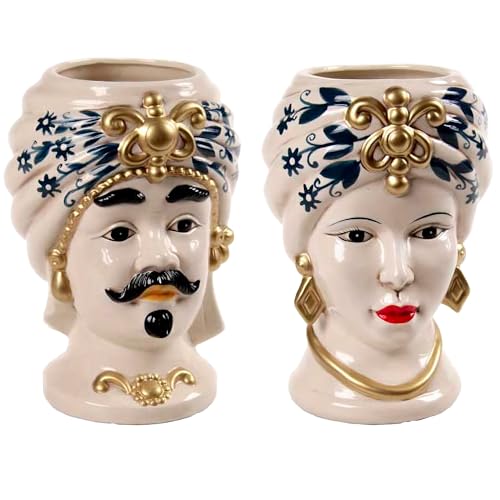 Morgan Teste di Moro Coppia Re e Regina Caltagirone, Stile Ceramiche Siciliane, Vaso Testa di Moro in Ceramica 12x18 cm