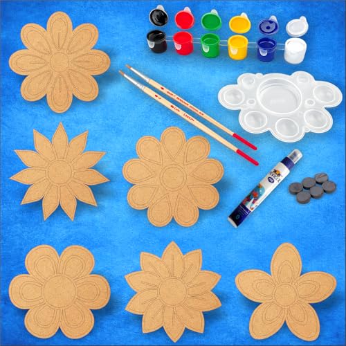 Image of PICRAZEE DIY Flower Painting Kit for Kids | 6 Pine MDF Flower Cutouts (5.5 mm Thick) with Acrylic Colors, Brushes, Palette & Magnets | Wooden Art & Craft Creative Activity Toy