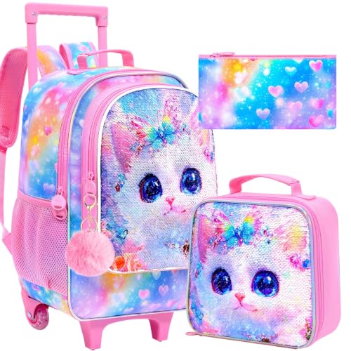 TXHVO 3Pcs Cat Rolling Backpack for Girls, 18" Kids Sequin Wheeled Bookbag with Lunch Box, Lightweight School Backpacks for Elementary Toddler (Pink)