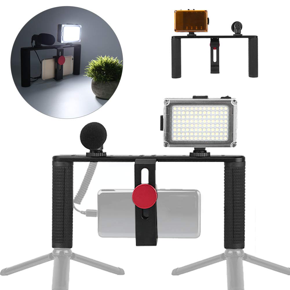 Soporte para teléfono móvil de Dos Manos, Mango estabilizador de Video para Smartphone con luz de Relleno y micrófono, Jaula de aleación de Aluminio para teléfonos de 40 a 92 mm,