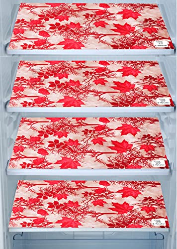 Image of Polyester 3-Layered Fridge Top Cover /Refrigerator Cover with Utility Pockets and Set of 4 Pc Fridge Mats (Color-Floral Red, Size-39x21 Inches)