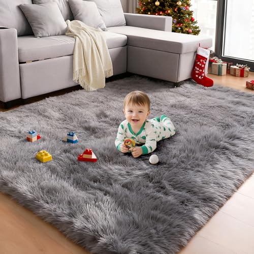Luxstein Rugs Living Room 160x230cm, Grey Area Rugs Washable Anti Slip Large Fluffy Shaggy Soft Floor Carpet for Living Room Bedroom Kitchen Hallway Kids