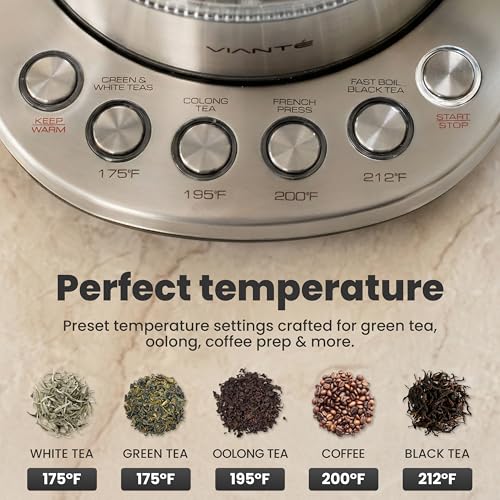 Vianté Electric Kettle With Infuser. No Plastic In Contact With Water. Hot Tea Maker With Temperature Control And Automatic Shut Off. Tea Kettle With Brewing Programs. 1.5 Liters Capacity