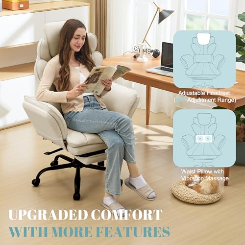 Image of Flip Armrests Criss Cross Office Chair, Reclining Office Chair with Foot Rest, Adjustable Headrest, Massage Waist Pillow, Cross Legged Big and Tall Desk Chair Wide Seat Vanity Chair, PU Leather Beige