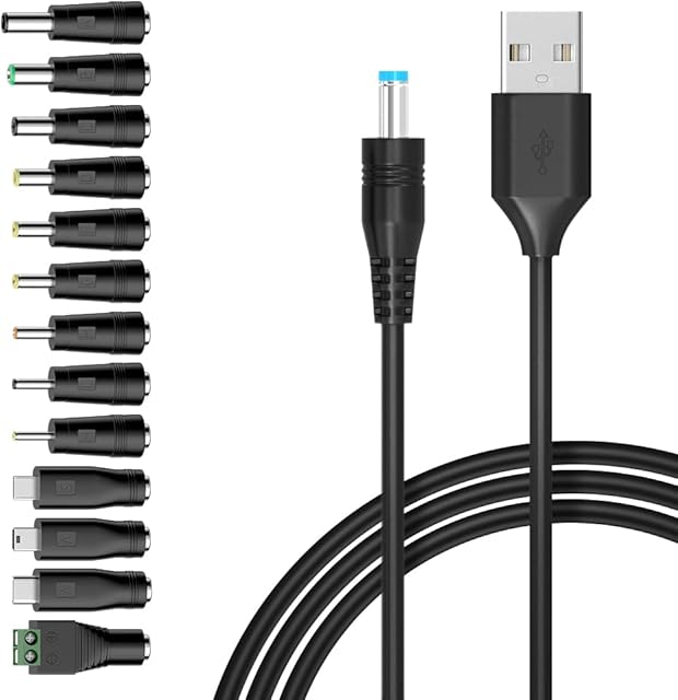 Zolt USB to DC 5V Cable, Universal 5V USB Power Chager Cord DC 5.5 X 2.1mm Plug Adapter with 13 interchageable DC Connectors 5.5x 2.5mm Type C Mirco USB Mini USB and more