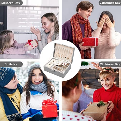 Jewellery Box Organiser for Girls Women, Mardiko 2-Layer Lockable Large PU Leather Jewelry Storage Case for Necklaces Rings Earrings Bracelets (Grey)