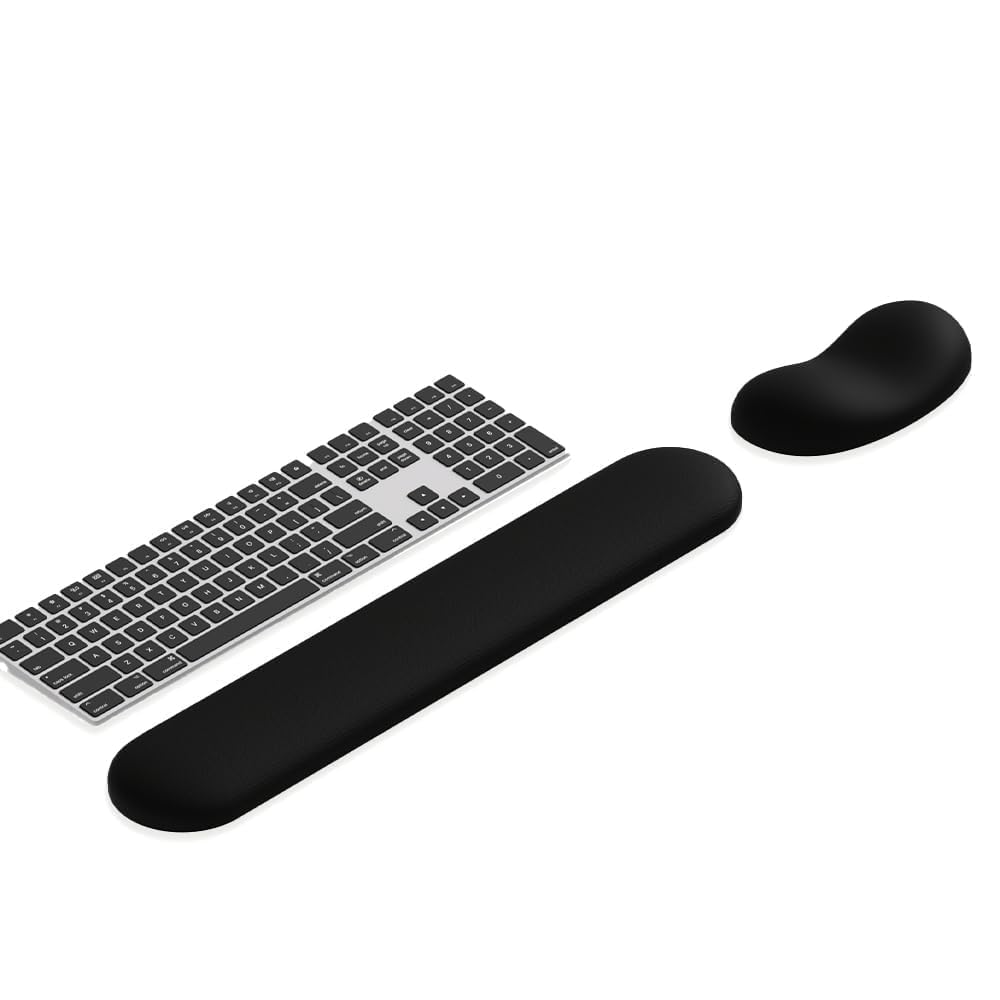 Ergonomic Wrist Rest Set for Keyboard and Mouse | Cooling Gel & Slow-Rebound Memory Foam Palm Support Pad | Luxe Leather, Minimalist, Non-Slip PU Base for Office, Laptop & Gaming (02Black)