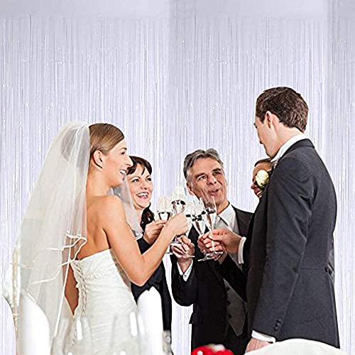 Image of 3Pcs White Metallic Tinsel Foil Fringe Curtains,3.2ft*8ft Gold Photo Booth Backdrop Streamer,Photo Booth Props,for Party Door Wall Curtains Bachelorette Birthday, Christmas,New Year Decorations