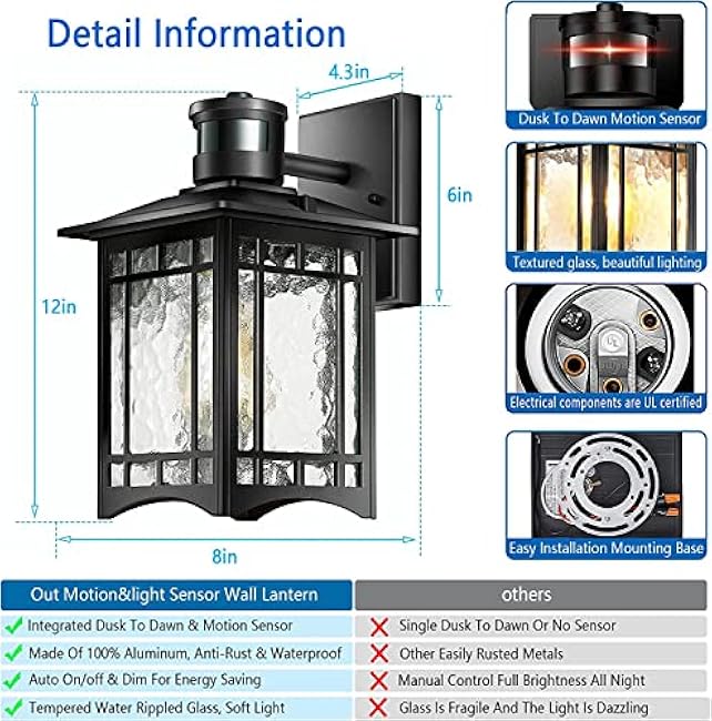 Motion Sensor Outdoor Lights, Dusk to Dawn Light Fixture, Black Wall Sconce Lighting, Front Porch Light, Exterior Lights for House Patio, Outside Door Wall Mount Anti-Rust Lantern